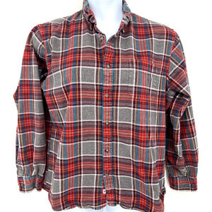 Lands End Womens Button Up LS Flannel Shirt Red Gray Plaid 100% Cotton Size L
